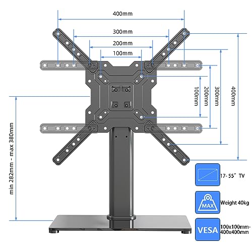 Image of Universal TV Stand Base, Table Top TV Stand for 17-55 Inch LCD /LED TVs, Height Adjustable Monitor Mount Stand with Tempered Glass Base Holds up to 88lbs VESA 400x400mm, TS102
