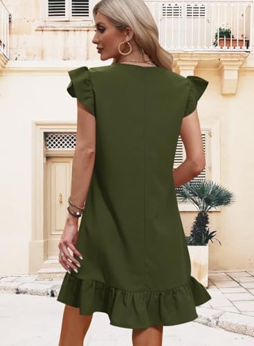 Image of QACOHU Spring Summer Dresses for Women 2026 V Neck Cap Sleeve Ruffle Hem Smock Short Casual Beach Dress