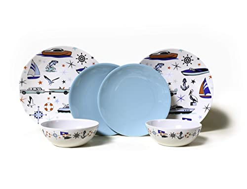 Melamine Dinnerware Sets - 6-pc Marine Dish Set - 2 Bowls, 2 Salad & 2 Dinner Melamine Plates for Indoor & Outdoor - BPA Free, Dishwasher Safe, Shatter-Res Dinnerware Set - Camping Dishes, Camp Casual
