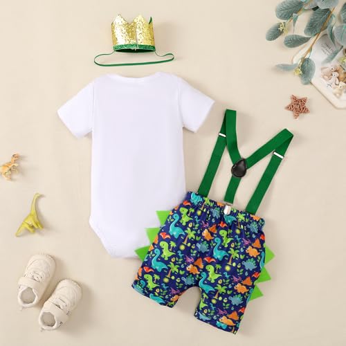 Baby Boy 1st Birthday Clothes Bow Tie Dinosaur Romper Pants Set Adjustable Y Back Suspenders Cake Smash Outfits3