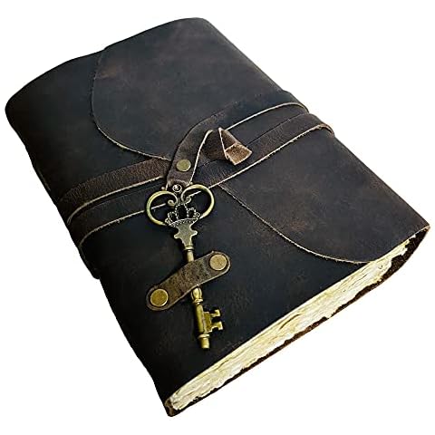 Vintage Leather Journal - Antique Handmade Deckle Edge Vintage Paper - Leather Bound Key Journal for Women and Men - Book of Shadows Journal - Leather Sketchbook - witchcraft Supplies - Rustic Gift Cover