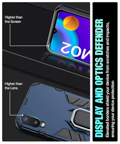 Image of WOW IMAGINE Shock Proof Back Case Mobile Cover for Samsung Galaxy M02 | Back Cover Case (Tough Armor | Hybrid PC + TPU | Ring Holder & in-Built Kickstand | Blue)