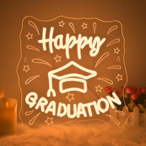Image of WLHOPE Happy Graduation Neon Sign Led Signs for Graduation Ceremony Wall Decor, Neon Lights Transparent Acrylic Board Sign for Classroom Dorm School Bedroom Decoration Gifts for Teens