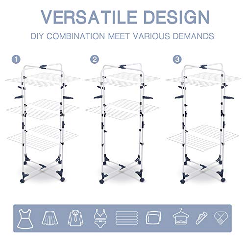 Toolf Clothes Drying Rack, 3-Tier Collapsible Laundry Rack Stand Garment Drying Station With Wheels And 4 Hooks, Indoor-Outdoor Use, For For Bed Linen, Clothing, Socks, Scarves #TOP5