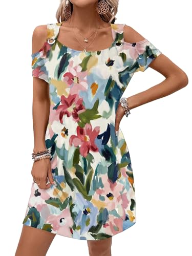Image of GUNEST Womens Summer Dress Cold Shoulder Scoop Neck Short Sleeve Spaghetti Strap with O Ring Fashion Sundress with Pockets