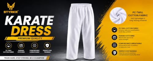 Image of STYRKR Premium Karate Uniform for Kids & Adults | White Karate Gi Suit with Belt | Martial Arts Training Dress | Cotton Karate Costume for Boys & Girls