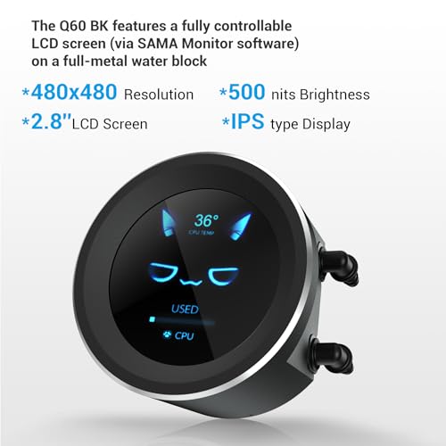 SAMA Q60 Disipador de CPU AIO de 360 ​​mm con pantalla LCD de 2,8", extraíble magnéticamente,ventiladores modulares XT120, aspas LCP, soportes adicionales, 115X, 2011, 1200, 1700, 1851, AM4, AM5 negro - imagen 2