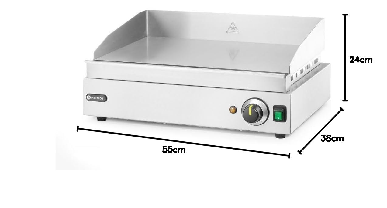 HENDI Plancha de asar eléctrica lisa, grill parrilla con bandeja de goteo extraíble, temperatura regulable hasta 300°C, 230V, 2400W, 550x380x(H)240mm, acero inoxidable