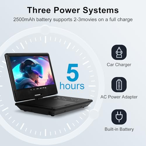 Image of HOPYOP 12.5 inch Portable DVD Player with Bluetooth, 10.1 inch Swivel Screen | 5 Hours Rechargeable Battery, Portable Kids DVD, Supports SD /USB /CD, Regions Free, Car Headrest