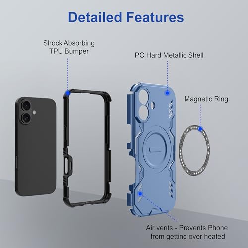 Image of amazon basics Back Case Cover for iPhone 16 | Magnetic Case with Built-in Metal Ring | Supports Mag-Safe Charger, Wallet & Car Mount | Shockproof Hybrid PC + TPU | Blue