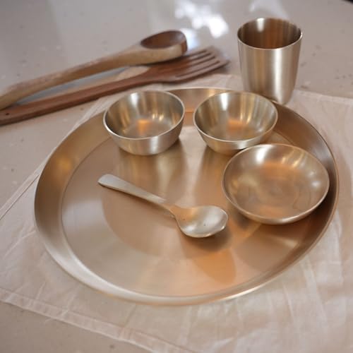 Image of Premium 6-Piece Pure Kansa Solid Dinner Set | Matte Finish | 1 Plate, 1 Spoon,2 Bowls, 1 Glass | Authentic Bronze Thali Set (कांसे का थाली सेट) (12 inch Plate(6 piece Set))