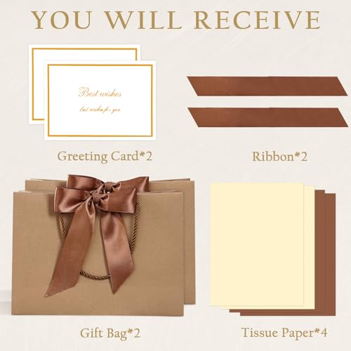 Image of JMANNI Gift Bags with Handles, 11 inch Small Gift Bag for Presents, 2 Pcs Bags with 4 Tissue Paper and 2 Cards for Baby Shower Wedding Bridal Shower Mother's Day Birthday Party (Kraft)