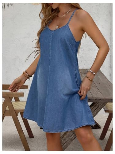 Image of WDIRARA Women's Sleeveless Denim Cami Dress Scoop Neck Mini Dresses with Slant Pockets Blue Large