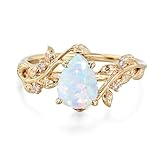 NFYBD 10K 14K 18K Gold 1 Carat Pear-Cut Gemstone Vintage Engagement Ring for Women Nature Inspired Birthstone Leaf Vine Art Deco Wedding Promise Anniversary Rings for Her Wife Bridal Size 4~12-Opal