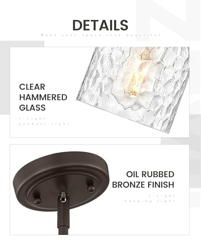 Image of zeyu Bronze Adjustable Pendant Lighting, 2 Pack Hanging Kitchen Lights, 1-Light Farmhouse Glass Pendant Light with Clear Hammered Glass, Oil Rubbed Bronze Finish, ZJF63MIL-2PK ORB