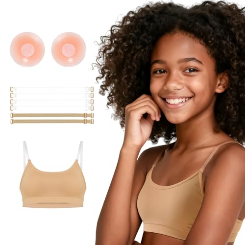 Sanmsoner Seamless Nude Dance Bra for Girls Teens Adjustable Ballet Gymnastics Sports Bras,Clear Straps,Silicone Pads(8E-18-1-M)