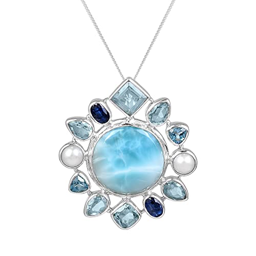 Collier larimar en argent 925, pierres précieuses de topaze et perle de haute joaillerie