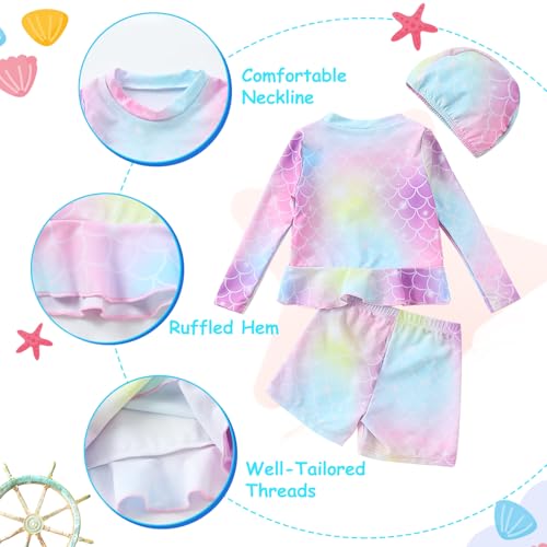Image of Girls Swimsuits - Multicolor Toddler Girl Summer Beach Swimwear, Three Pieces Long Sleeve Rash Guard Set