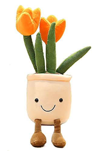 Tulip Plush Toy, 13' Orange Flower Pot Stuffed Throw Plushie Pillow Doll, Soft Fluffy Plant Friend Hugging Cushion - Present for Every Age & Occasion