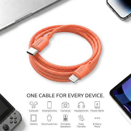 Image of PHILIPS DLC4130LR /94 27W iPhone Original Type-C to Lightning Fast Charging Cable (1m, Coral Reef) | MFi Certified | 480Mbps Data Sync | Nylon Braided | Compatible with iPhone & Other Lightning Devices