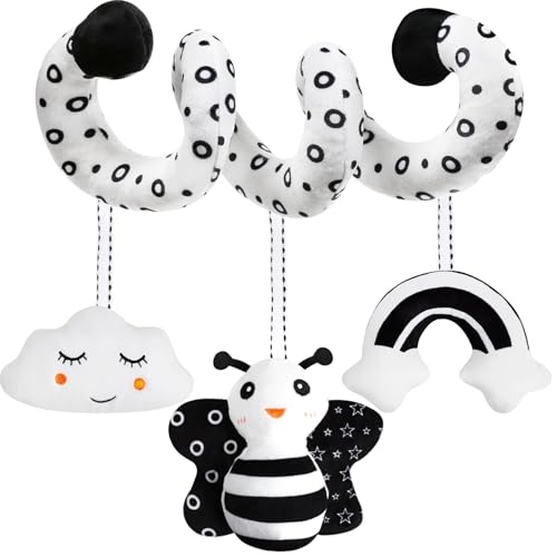 Image of Car Seat Toys for Babies, 0-6 Months Stroller Activity Black White Baby Spiral Plush Toys Newborn High Contrast Sensory Carseat Toys with 4 Pendants Hanging Boys Girls Gift