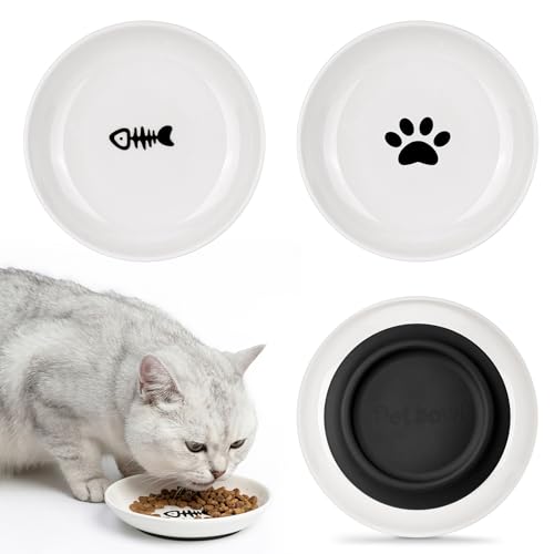 WGIDSKKI Set da 3 Ciotole in Ceramica per Gatto, Ciotole Antiscivolo con Fondo in Gomma, Ciotole in Ceramica Basse per Cibo e Acqua, Lavabili in Lavastoviglie, Atossiche