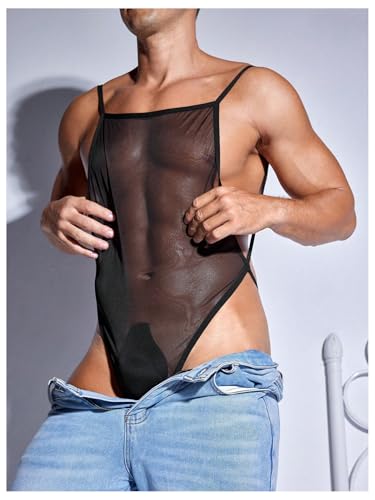 Men's Men's Sheer Mesh Sexy Bodysuits See Through High Cut Thong Leotard Singlet3