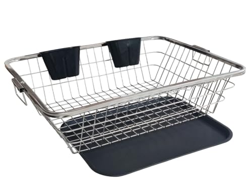 Image of Large Stainless Steel Kitchen Sink Dish Drainer Rack (56x43x23 cm) - Heavy-Duty Drying Basket with Drain Tray & Cutlery Holders - Durable Dish Organizer for Plates, Utensils & Kitchen Tools
