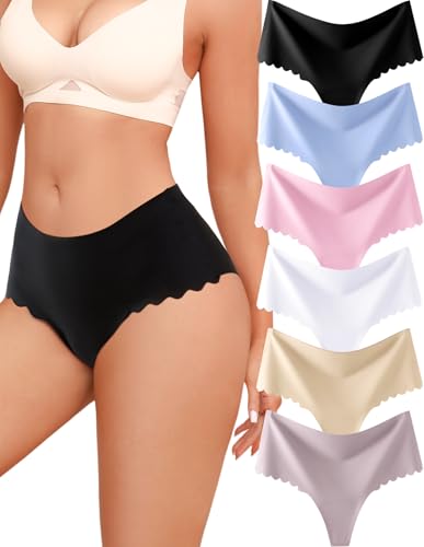 Image of ALL OF SHE Thongs for Womens High Waisted Seamless Underwear for Women 6 Pack Wave Edge No Show Sexy Panties