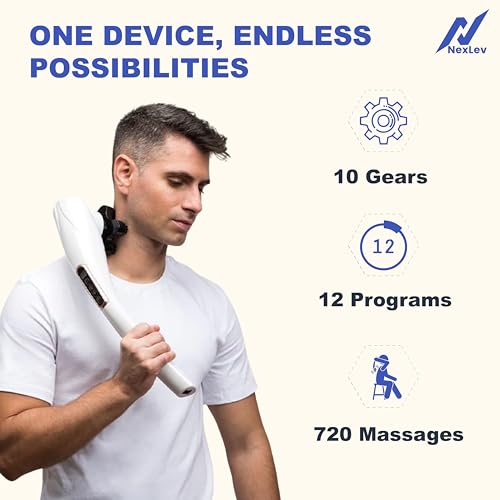 Image of NexLev Cordless Body Massager | Neck, Shoulder, Back, Legs & Thigh Pain Relief | 10 Intensity and 12 Modes | 8 Attachments | Deep Tissue Kneading for Complete Pain Relief | Charging Indicator | PM-01