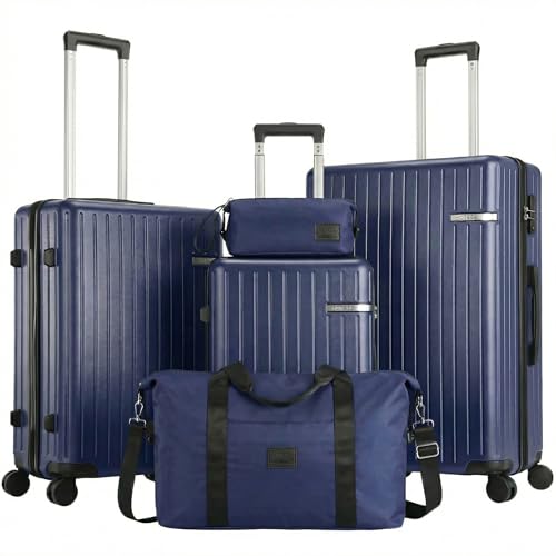 Image of Hoteel Luggage Sets 5 Piece (4-YEARS WARRANTY), ABS+PC Suitcases with Wheels and Side Hook, Hardshell 20 /24 /28 inch Luggage with Duffel Bag Travel Bag, Dark Blue