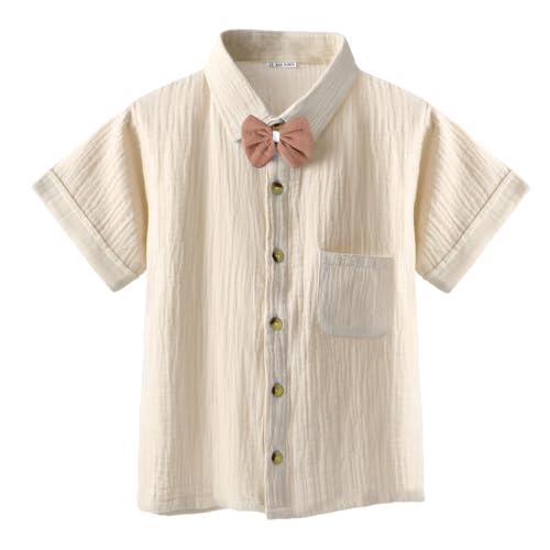 Image of Bold N Elegant Kids Linen Solid Shirt & Shorts Co-Ord Set|Stylish Party Short-Sleeve Shirt With Bow & Comfy Shorts|Cool & Comfortable Summer Wear