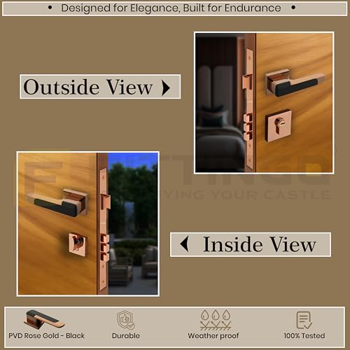 Image of Munich Mortise Door Handle Lock Set /Premium Zinc Alloy Door Handle with Lock /Heavy Duty Main Door Handle with Key Lock for Home, Office & Hotel Doors - 3 Years Warranty (PVD Rose Gold Black)