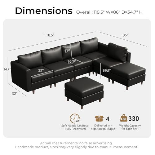 Image of ABCASA Faux Leather Sectional, Modular Sectional Sofa with Storage Seats, 7 Seat Faux Leather Modular L Shaped Couches with Movable Ottoman for Living Room,Black