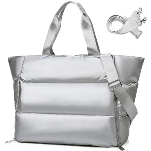 Mabecol Damen Shopper Tasche 35L, Puffer Quilted Tote Bag mit Laptopfach 15,6", Wasserabweisend, Handtasche, Schultertasche & Umhängetasche für Arbeit, Reisen, Fitness, Yoga & Alltag, Silber