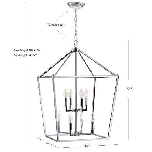 Image of JONATHAN Y Pagoda 8-Light Pendant 20 inch Cage, Chrome | Traditional Metal Farmhouse Hanging Lantern Ceiling Fixture, Adjustable Chain Link, For Kitchen Island, LED Bulb Included