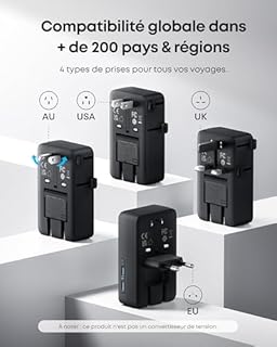Anker Nano Adaptateur Prise Universelle, Adaptateur Voyage 5 Ports avec 1 Prise CA, 2 Ports USB A et 2 Ports USB C, contrôle Intelligent de la température, à Utiliser dans Plus de 200 Pays