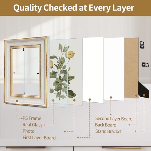 Sapowerntus Vintage 5x7 Picture Frame White Distressed Gold Edging Photo Frames Set Antique Real Glass Wall Hanging Tabletop Display Home Decor Elegant Victoria Retro Gift