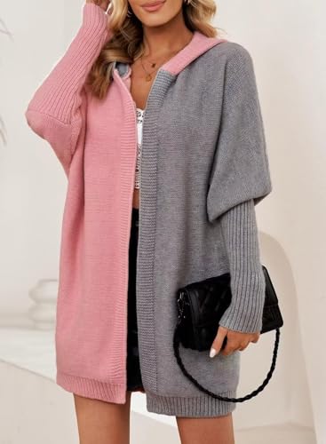 Image of Astylish Women 2026 Fall Clothes Outfits Hooded Knit Cardigan Sweaters | Open Front, Long Sleeve, Color Block, Fashion Clothing, Outwear Coats