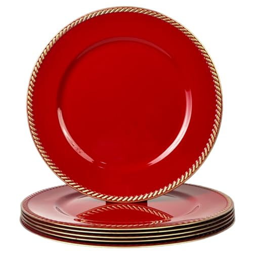 6 pcs Red Charger Plates, 13 Inch Plastic Beaded Round Charger Plates for Dinner, Tabletop Decor, Wedding,Christmas, Event Decoration.