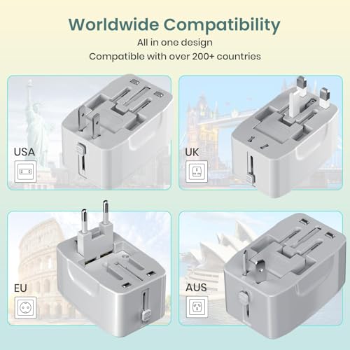 Image of Universal Travel Adapter with 6A AC Socket Output,Universal AC Socket, All in One International Travel Fast Charging Adapter, Suitable for 200+ Countries US,UK,EU,AUS,Etc(White)