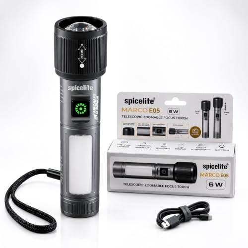 Image of Spicelite Marco E05 Rechargeable LED Torch Light High Power, 6W Long Range Flashlight with Zoom Focus, Type-C Fast Charging, Aluminium Body, IP20 Water Resistant, 6 Modes for Camping & Emergency