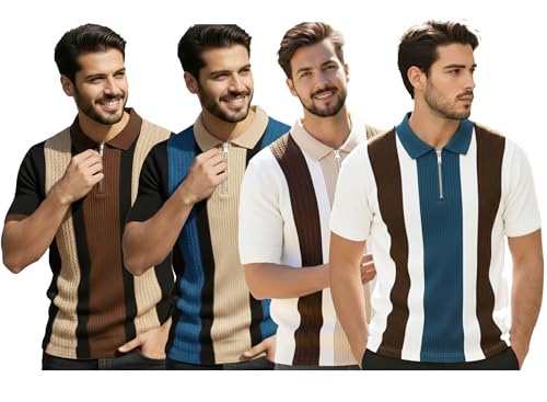 Image of AUSK Men's Textured Vertical Striped Knit Polo T-Shirt | Half Sleeve Zipper Neck Self-Design Casual Tee | Mens Tshirts