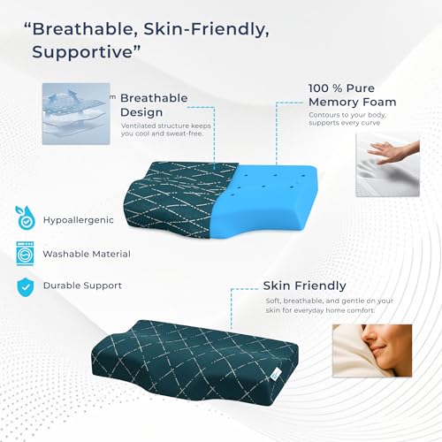 Image of CalmNest Anti-snoring Cervical 100% Memory Foam Pillow for Neck Pain & Shoulder Pain| Sleeping Pillow for Spondylitis Neck| Orthopaedic Ergonomic (2 x 19 Blue Foam & Blue Cover)