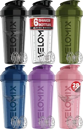Image of VELOMIX -6 PACK- 28 oz Protein Shaker Bottle for Protein Mixes -6x Wire Whisk | Leak Proof Shaker Cups for Protein Shakes | Large, Stackable Protein Shaker Bottle Pack