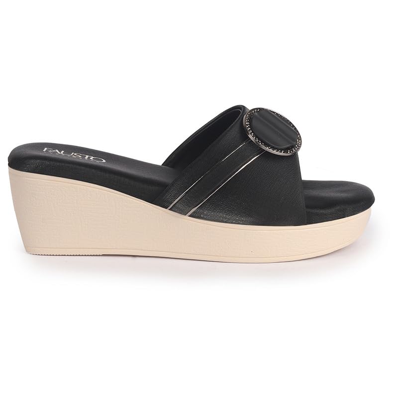 Image of FAUSTO Women Buckle Design Wedge Heel Sandals | Comfortable Slip-On Platform Slides For All Day Wear, Casual and Party | Soft Cushioned Insole