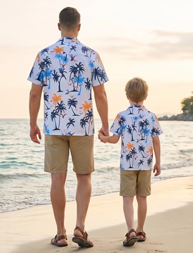 Image of AWIBMK Hawaiian Family Matching Outfits Mother Daughter Tropical Dresses Father Son Shirts for Beach Vacation Luau Party