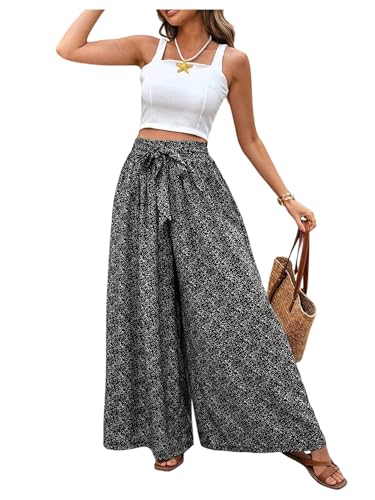 Women's Ditsy Floral Palazzo Flowy Pants Elastic High Waist Wide Leg Boho Vacation Long Trousers Black Medium