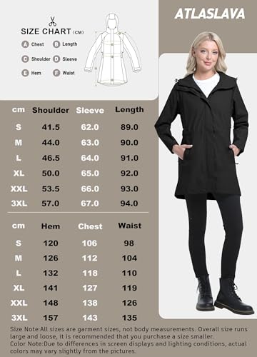 ATLASLAVA Regenmantel Damen Regenjacke wasserdicht Lang mit Kapuze Gefütterte Mantel Windbreaker Leicht Outdoor Jacke Schwarz XL