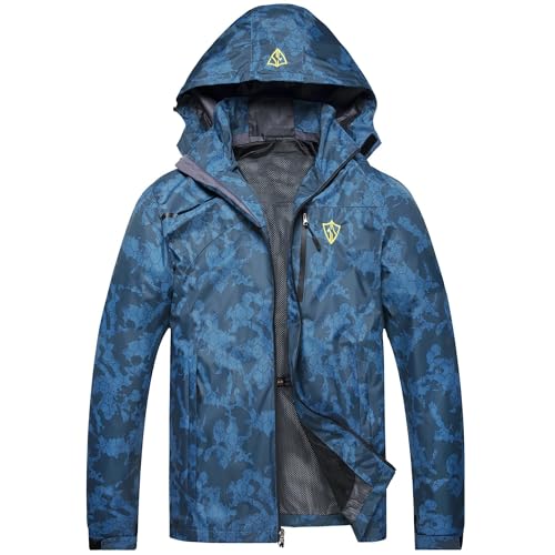 GIISAM Mens Windproof Jacket Waterproof Lightweight Mountain Sport Jacket for Men Hooded Windbreaker Raincoat(Football Blue,XXL)